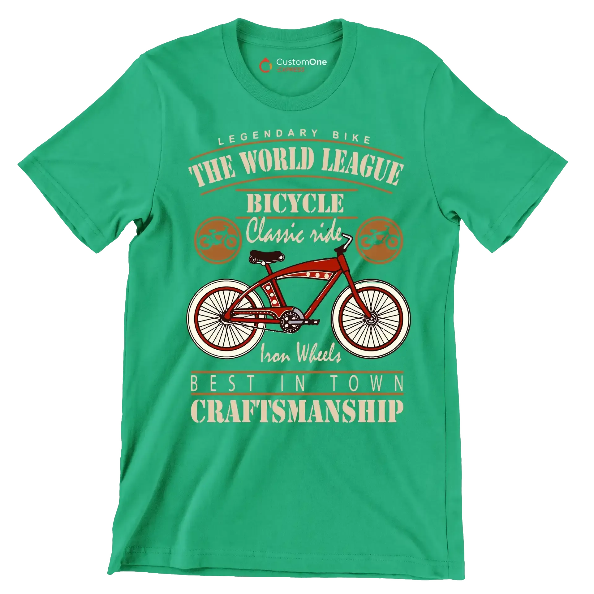 LEGENDARY BIKE THE WORLD LEAGUE BICYCLE Classic ride Iron Wheels BEST IN TOWN CRAFTSMANSHIP - Bicycle Themed T-Shirt-Green-S-Custom One Express