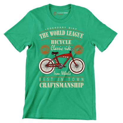 LEGENDARY BIKE THE WORLD LEAGUE BICYCLE Classic ride Iron Wheels BEST IN TOWN CRAFTSMANSHIP - Bicycle Themed T-Shirt-Green-S-Custom One Express
