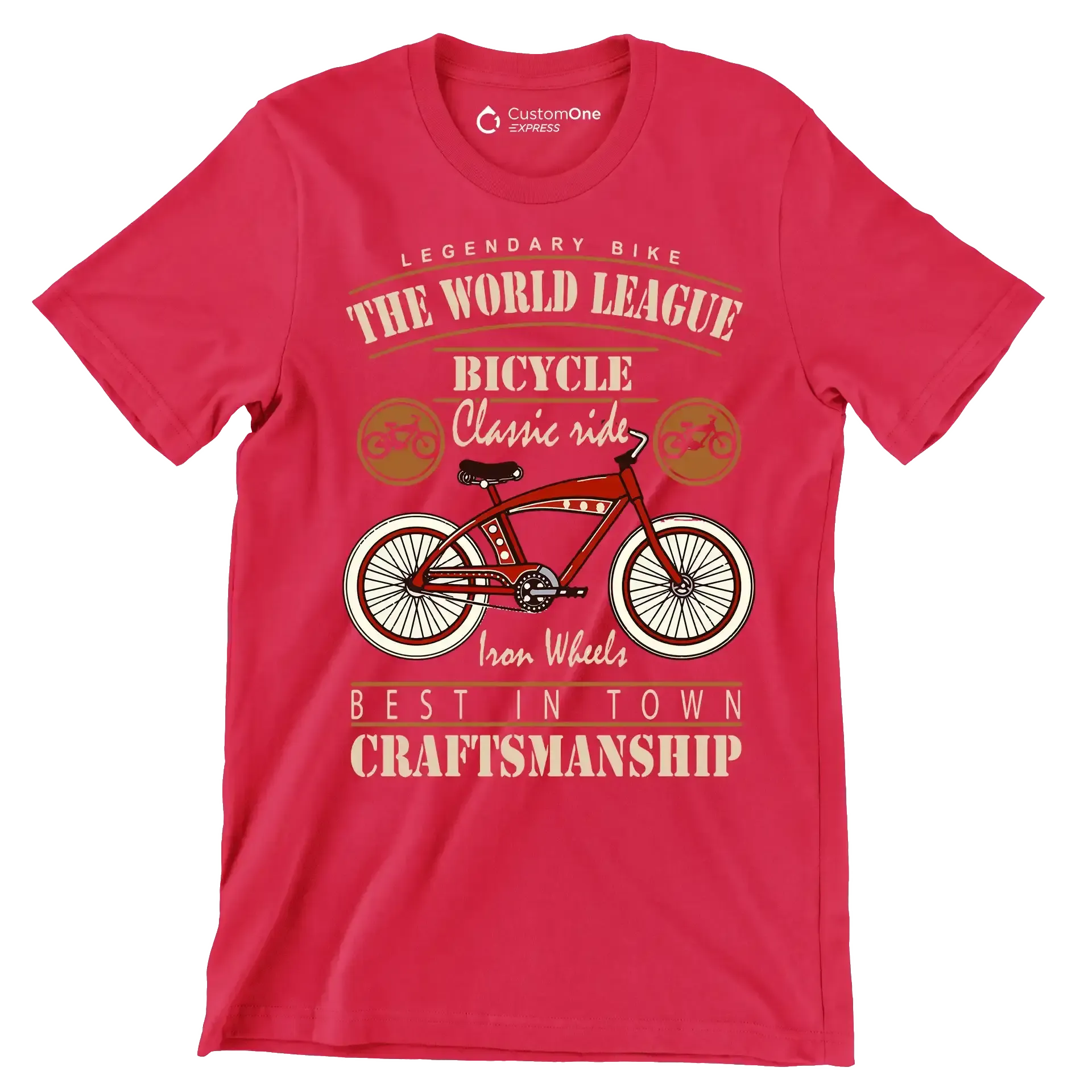 LEGENDARY BIKE THE WORLD LEAGUE BICYCLE Classic ride Iron Wheels BEST IN TOWN CRAFTSMANSHIP - Bicycle Themed T-Shirt-Red-S-Custom One Express