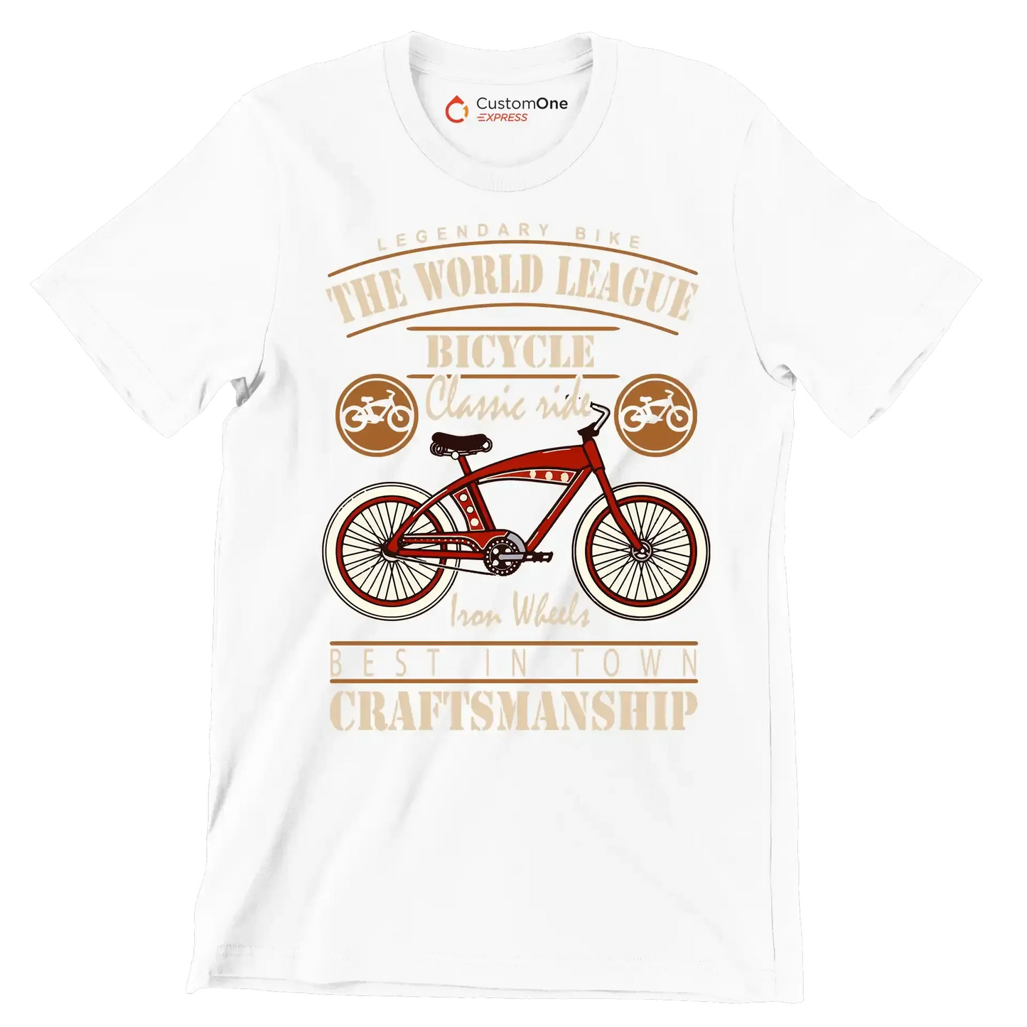 LEGENDARY BIKE THE WORLD LEAGUE BICYCLE Classic ride Iron Wheels BEST IN TOWN CRAFTSMANSHIP - Bicycle Themed T-Shirt-White-S-Custom One Express