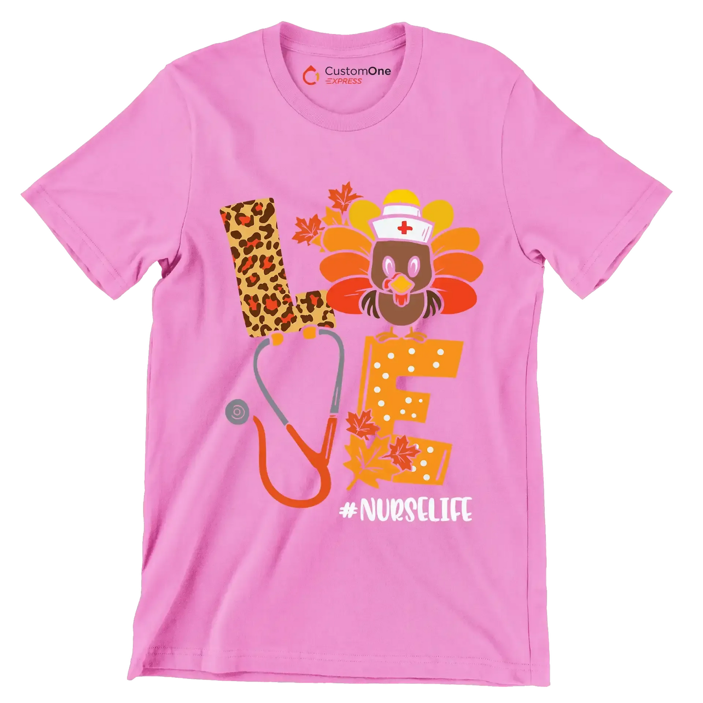 Love Nurselife - Thanksgiving Themed T-Shirt-Pink-S-Custom One Express