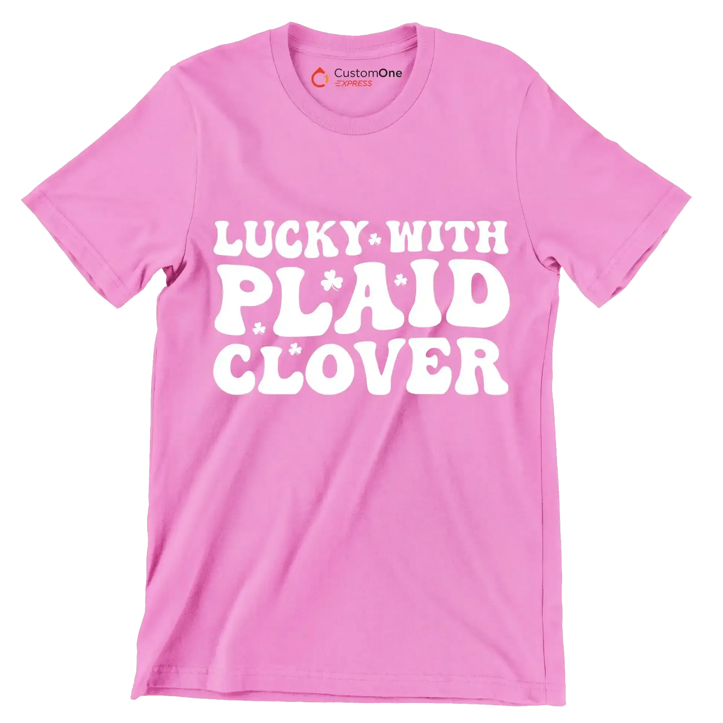 Lucky With Plaid Clover - St. Patrick's Day T-Shirt-Pink-S-Custom One Express