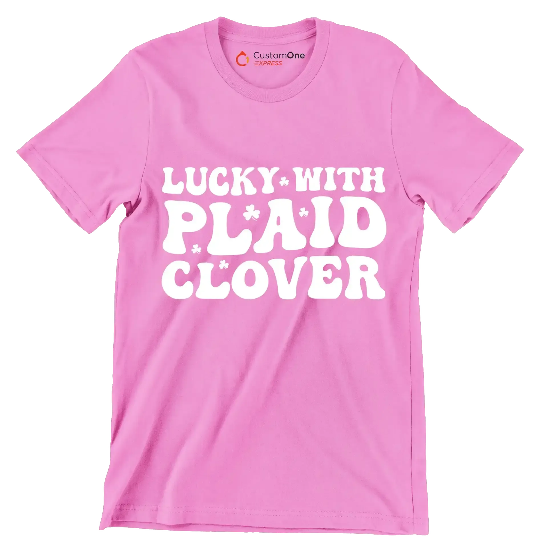 Lucky With Plaid Clover - St. Patrick's Day T-Shirt-Pink-S-Custom One Express