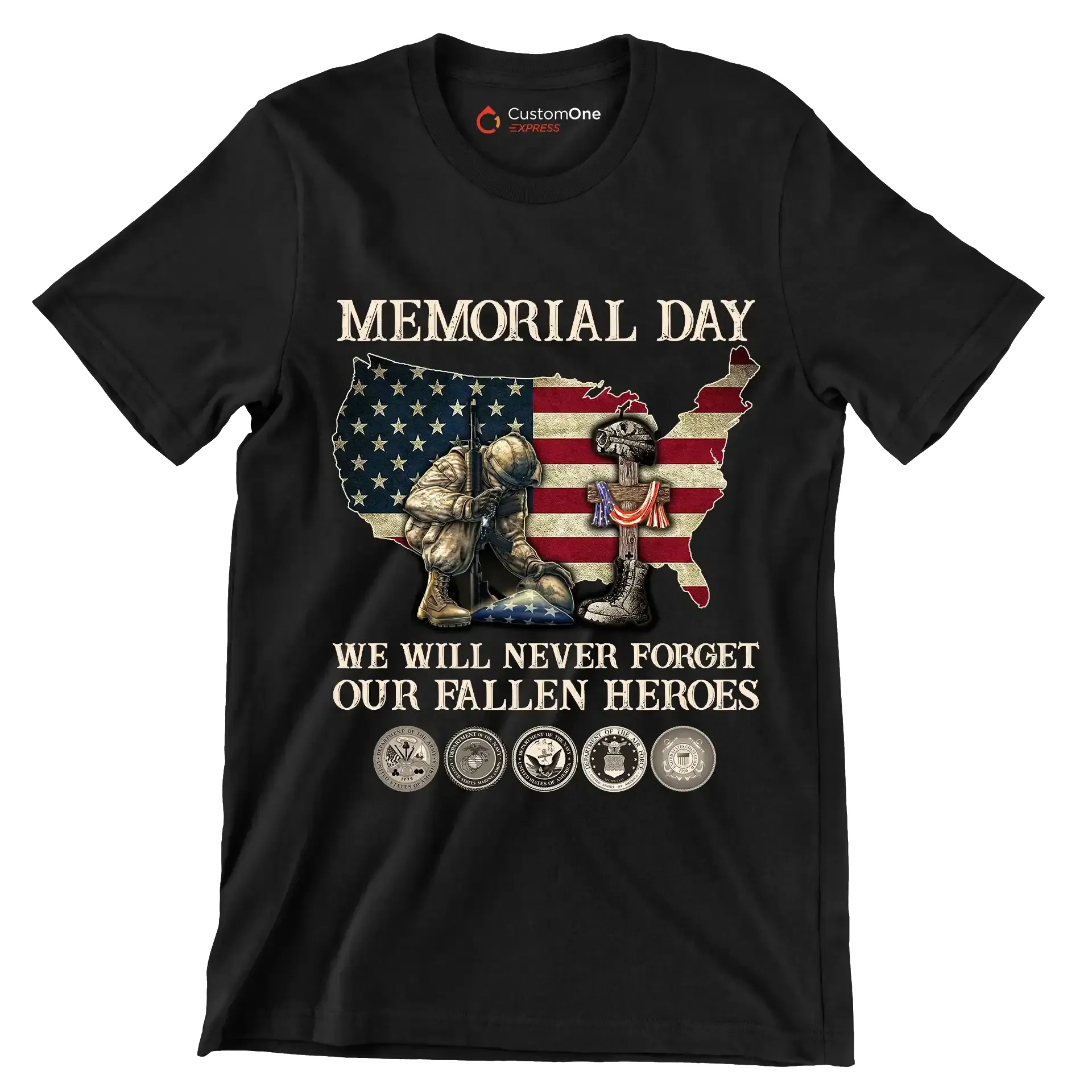 Memorial Day We Will Never Forget Our Fallen Heroes - Veterans Themed T-Shirt-Black-S-Custom One Express