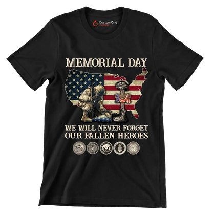 Memorial Day We Will Never Forget Our Fallen Heroes - Veterans Themed T-Shirt-Black-S-Custom One Express