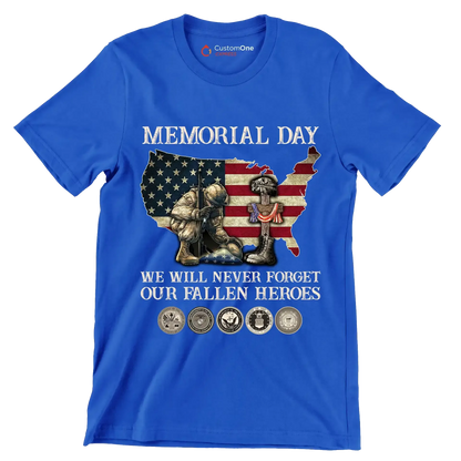 Memorial Day We Will Never Forget Our Fallen Heroes - Veterans Themed T-Shirt-Blue-S-Custom One Express