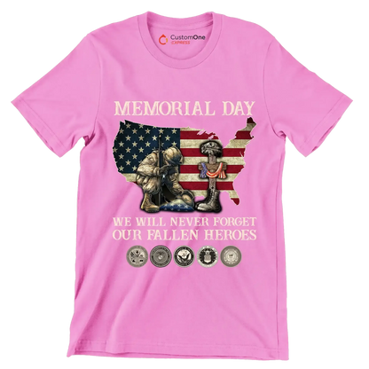Memorial Day We Will Never Forget Our Fallen Heroes - Veterans Themed T-Shirt-Pink-S-Custom One Express