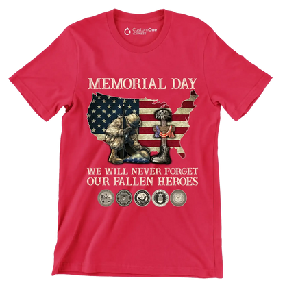 Memorial Day We Will Never Forget Our Fallen Heroes - Veterans Themed T-Shirt-Red-S-Custom One Express