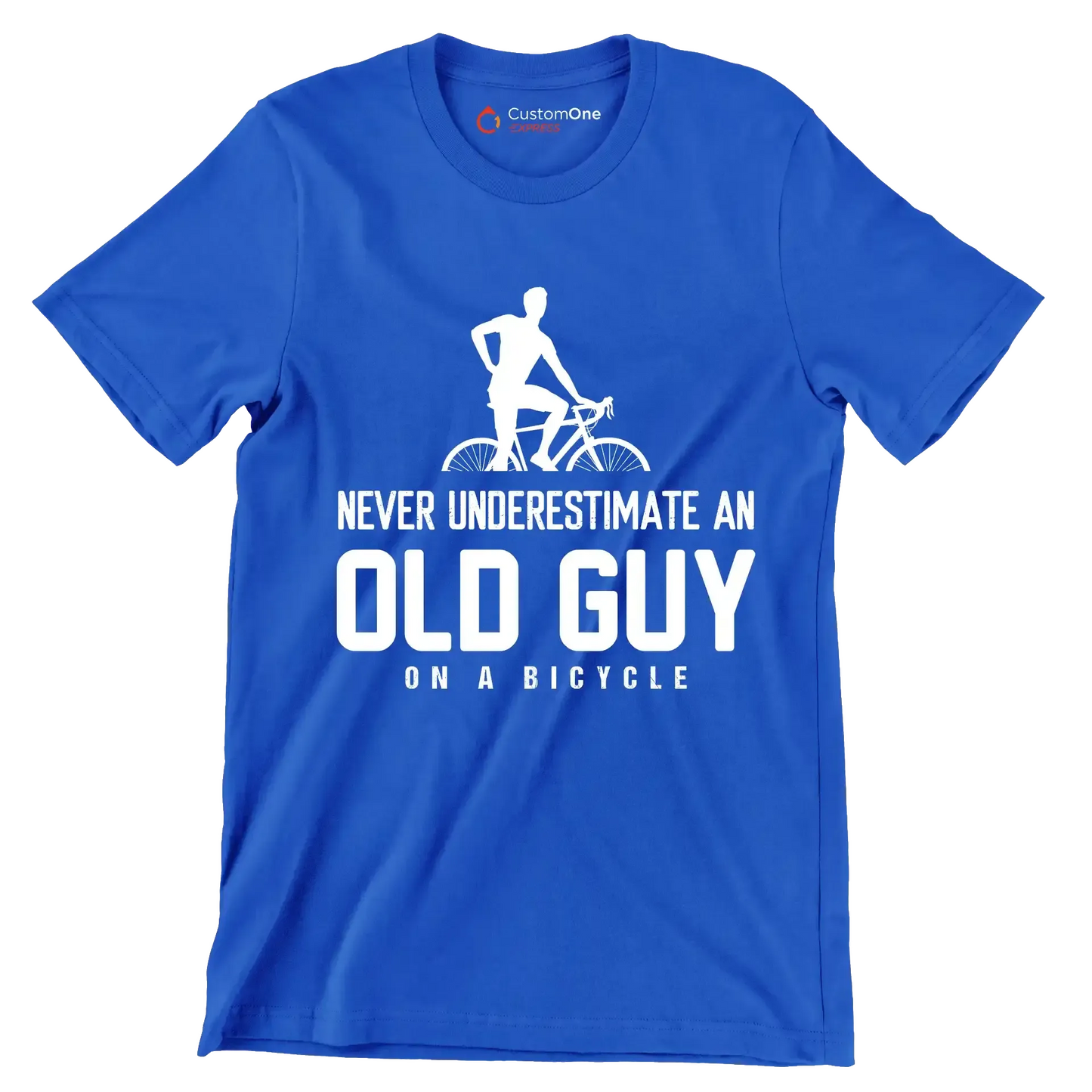 NEVER UNDERESTIMATE AN OLD GUY ON A BICYCLE - Bicycle Themed T-Shirt-Blue-S-Custom One Express