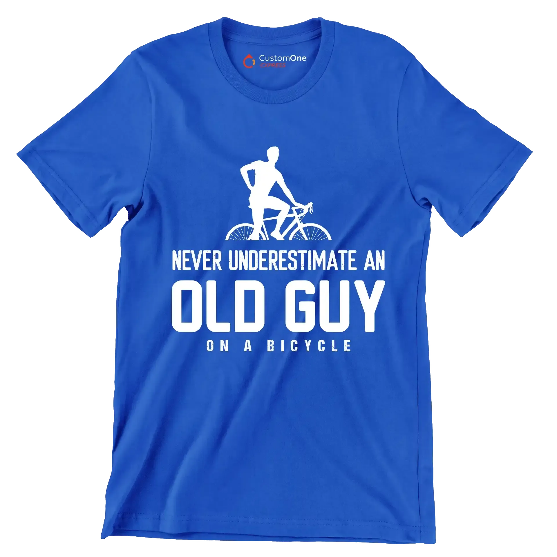 NEVER UNDERESTIMATE AN OLD GUY ON A BICYCLE - Bicycle Themed T-Shirt-Blue-S-Custom One Express