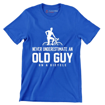 NEVER UNDERESTIMATE AN OLD GUY ON A BICYCLE - Bicycle Themed T-Shirt-Blue-S-Custom One Express