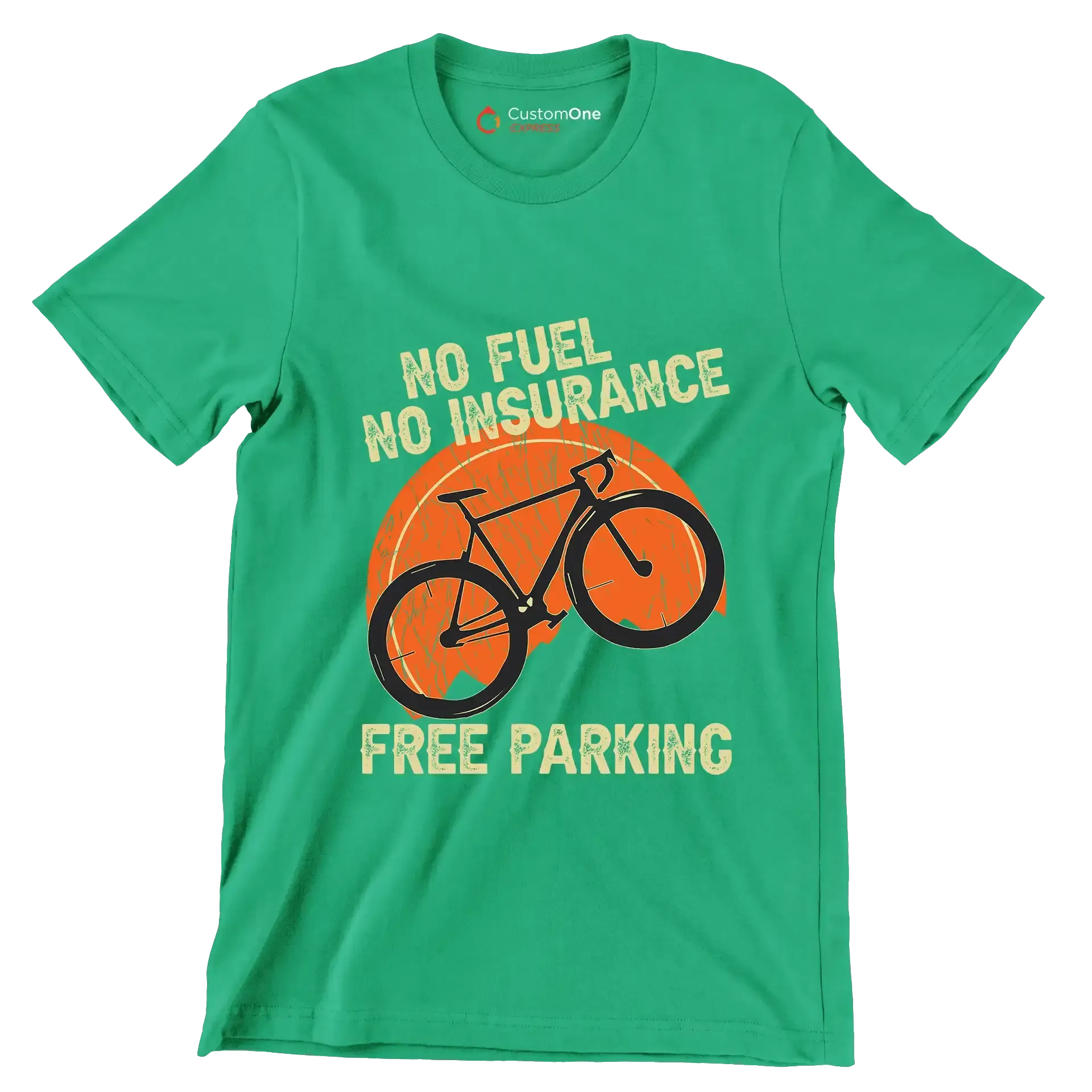 NO FUEL NO INSURANCE FREE PARKING - Bicycle Themed T-Shirt-Green-S-Custom One Express