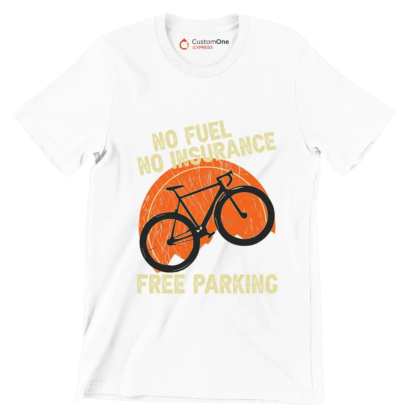 NO FUEL NO INSURANCE FREE PARKING - Bicycle Themed T-Shirt-White-S-Custom One Express