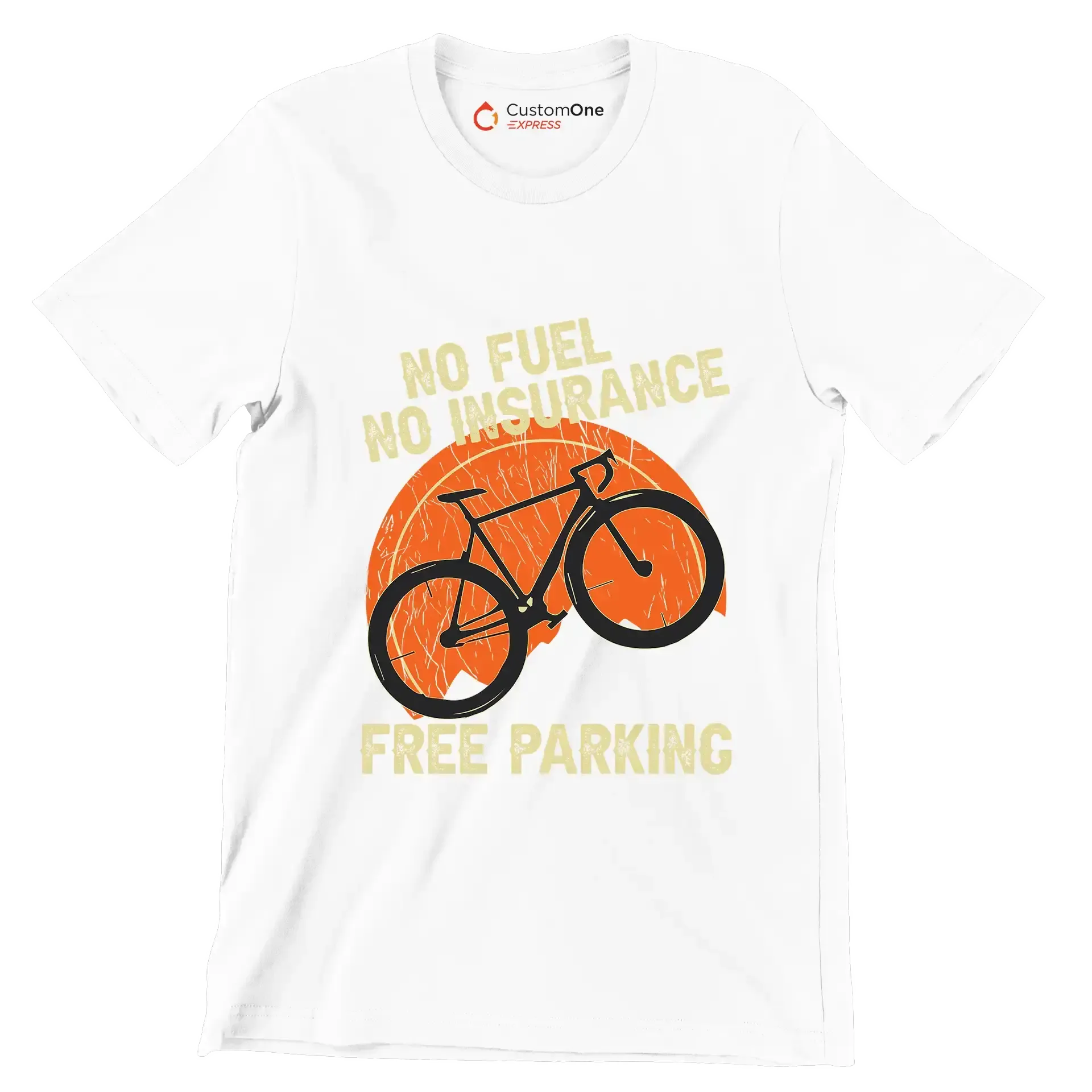 NO FUEL NO INSURANCE FREE PARKING - Bicycle Themed T-Shirt-White-S-Custom One Express