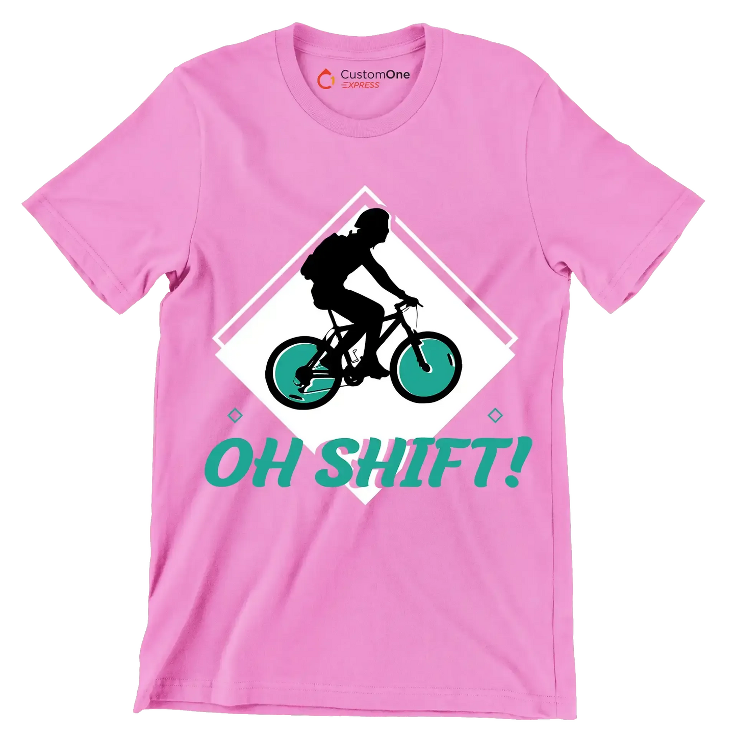 OH SHIFT - Bicycle Themed T-Shirt-Pink-S-Custom One Express