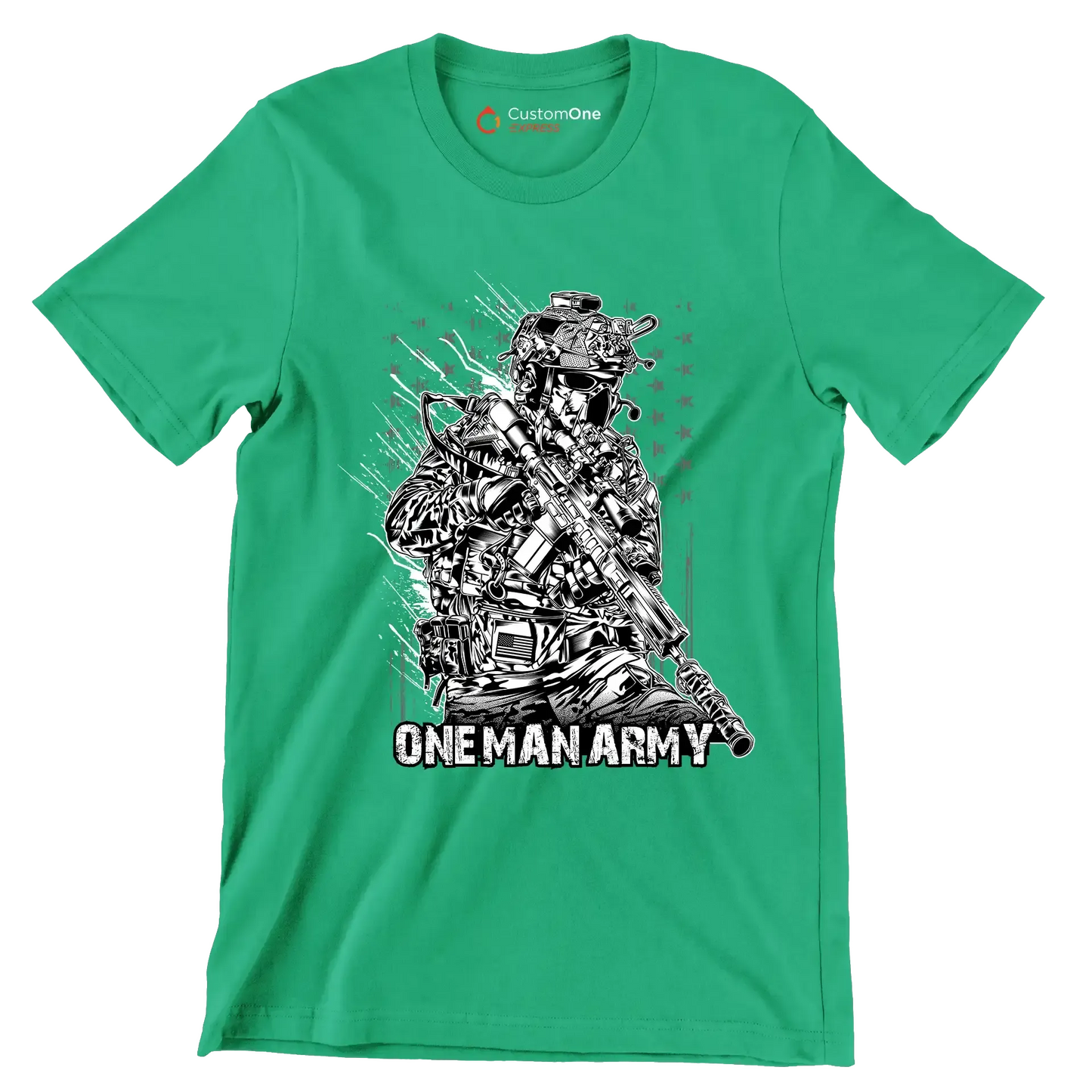 ONE MAN ARMY ILLUSTRATION SOLDIER - Veterans Themed T-Shirt-Green-S-Custom One Express