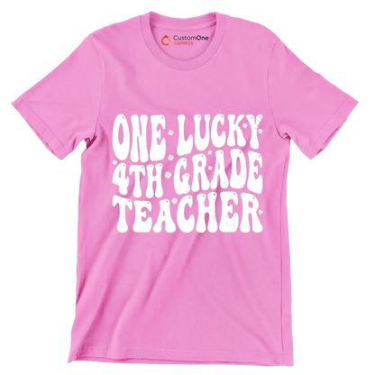 One Lucky 4th Grade Teacher - St. Patrick's Day T-Shirt-Pink-S-Custom One Express