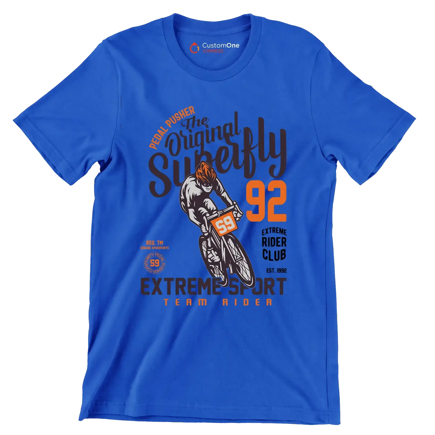 PEDAL PUSHER The Original Superfly 92 REG. TM GENUINE SPAREPARTS EXTREME RIDER CLUB EST. 1992 EXTREME SPORT TEAM RIDER - Bicycle Themed T-Shirt-Blue-S-Custom One Express