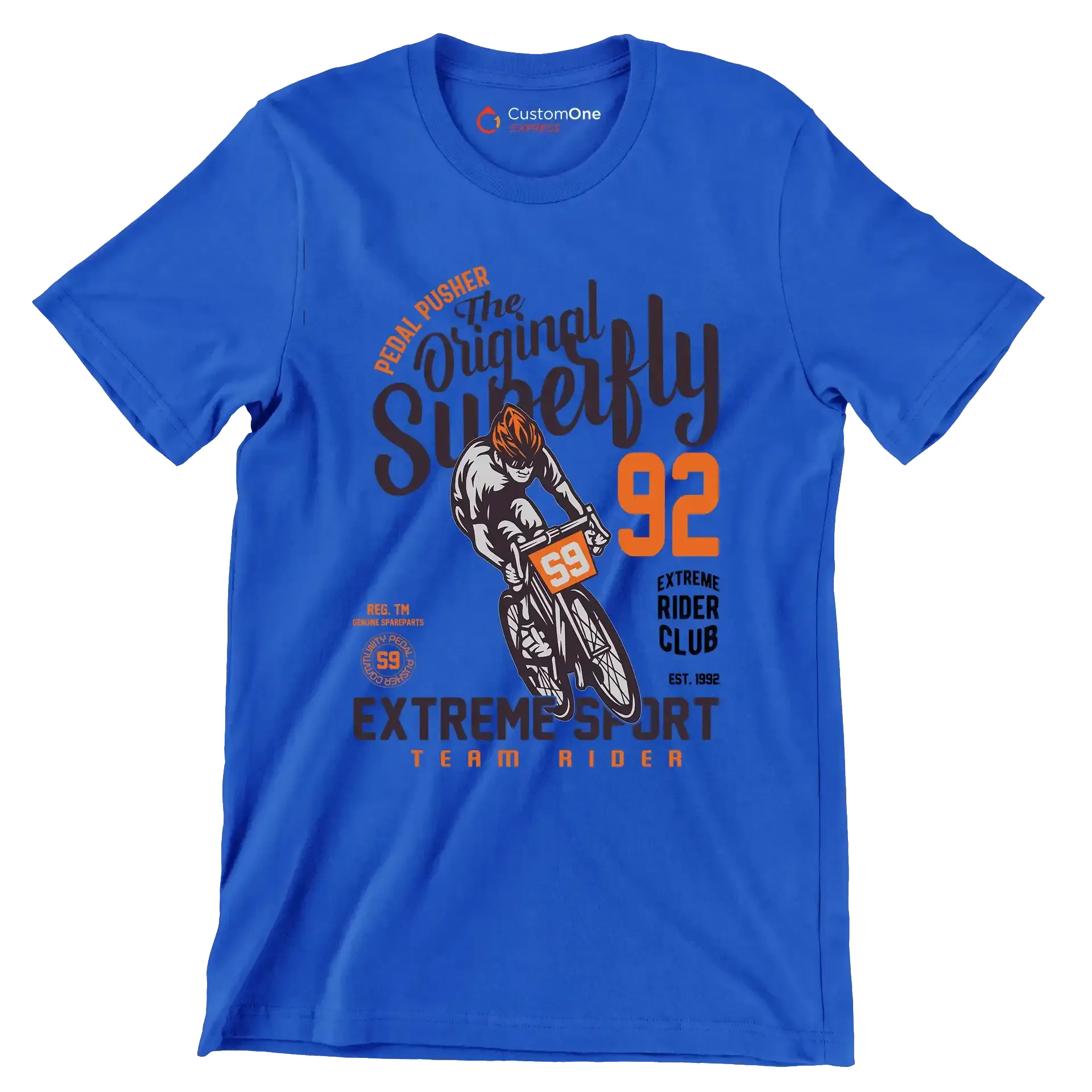 PEDAL PUSHER The Original Superfly 92 REG. TM GENUINE SPAREPARTS EXTREME RIDER CLUB EST. 1992 EXTREME SPORT TEAM RIDER - Bicycle Themed T-Shirt-Blue-S-Custom One Express