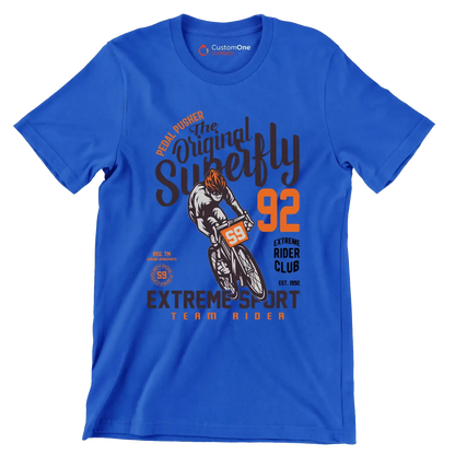PEDAL PUSHER The Original Superfly 92 REG. TM GENUINE SPAREPARTS EXTREME RIDER CLUB EST. 1992 EXTREME SPORT TEAM RIDER - Bicycle Themed T-Shirt-Blue-S-Custom One Express