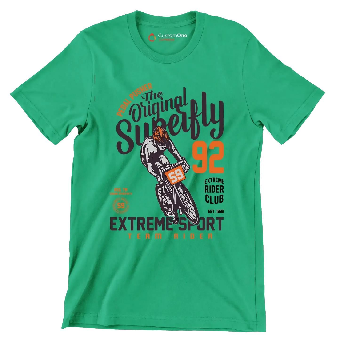 PEDAL PUSHER The Original Superfly 92 REG. TM GENUINE SPAREPARTS EXTREME RIDER CLUB EST. 1992 EXTREME SPORT TEAM RIDER - Bicycle Themed T-Shirt-Green-S-Custom One Express