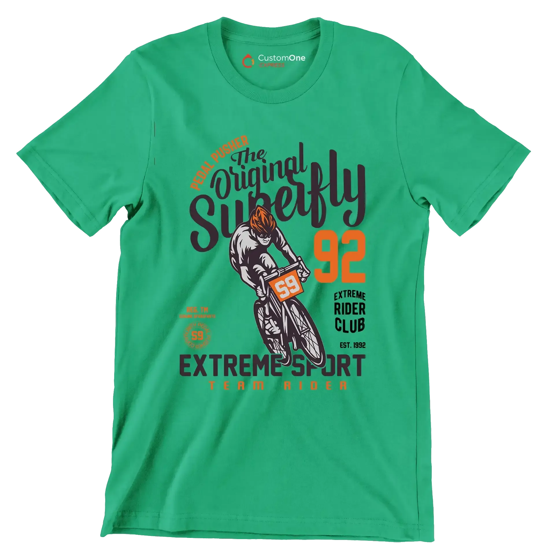 PEDAL PUSHER The Original Superfly 92 REG. TM GENUINE SPAREPARTS EXTREME RIDER CLUB EST. 1992 EXTREME SPORT TEAM RIDER - Bicycle Themed T-Shirt-Green-S-Custom One Express