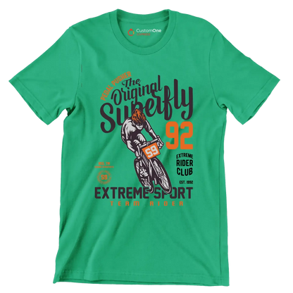 PEDAL PUSHER The Original Superfly 92 REG. TM GENUINE SPAREPARTS EXTREME RIDER CLUB EST. 1992 EXTREME SPORT TEAM RIDER - Bicycle Themed T-Shirt-Green-S-Custom One Express