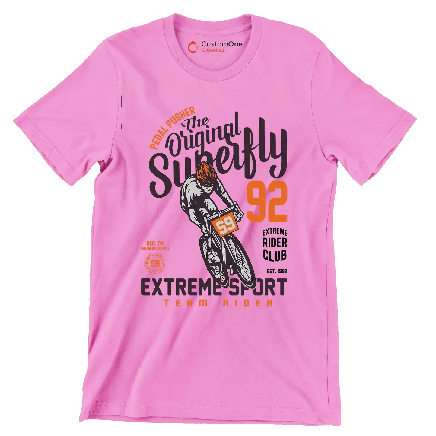 PEDAL PUSHER The Original Superfly 92 REG. TM GENUINE SPAREPARTS EXTREME RIDER CLUB EST. 1992 EXTREME SPORT TEAM RIDER - Bicycle Themed T-Shirt-Pink-S-Custom One Express