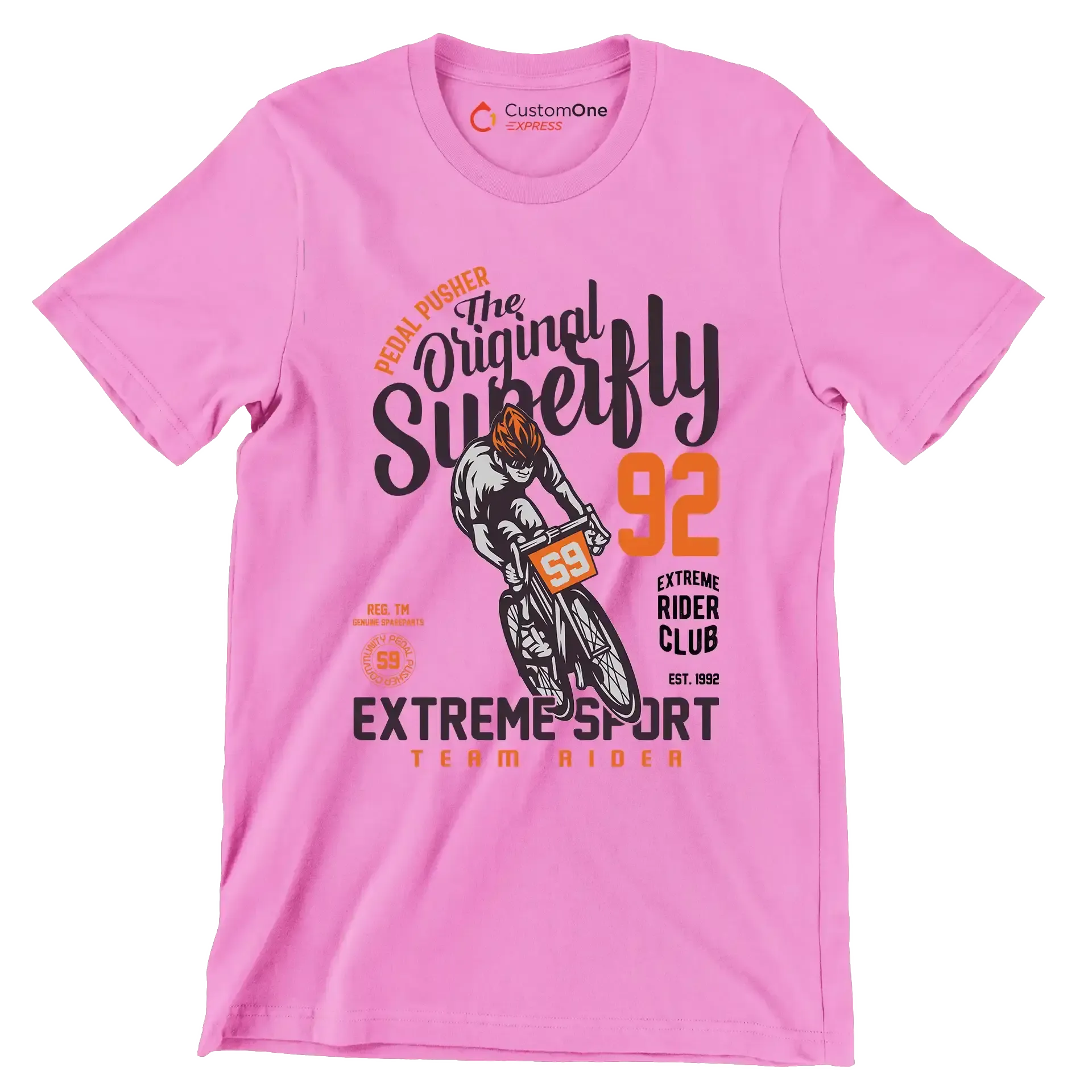 PEDAL PUSHER The Original Superfly 92 REG. TM GENUINE SPAREPARTS EXTREME RIDER CLUB EST. 1992 EXTREME SPORT TEAM RIDER - Bicycle Themed T-Shirt-Pink-S-Custom One Express