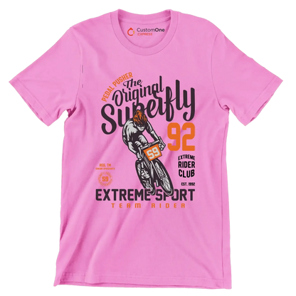 PEDAL PUSHER The Original Superfly 92 REG. TM GENUINE SPAREPARTS EXTREME RIDER CLUB EST. 1992 EXTREME SPORT TEAM RIDER - Bicycle Themed T-Shirt-Pink-S-Custom One Express