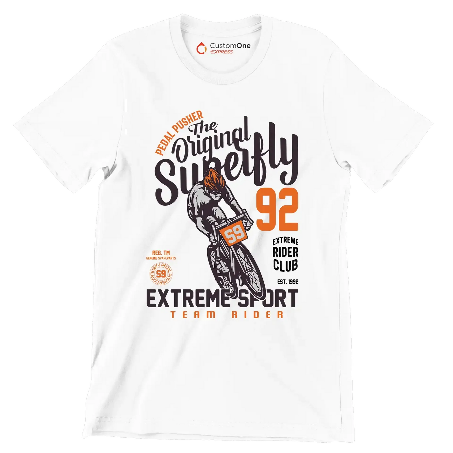 PEDAL PUSHER The Original Superfly 92 REG. TM GENUINE SPAREPARTS EXTREME RIDER CLUB EST. 1992 EXTREME SPORT TEAM RIDER - Bicycle Themed T-Shirt-White-S-Custom One Express