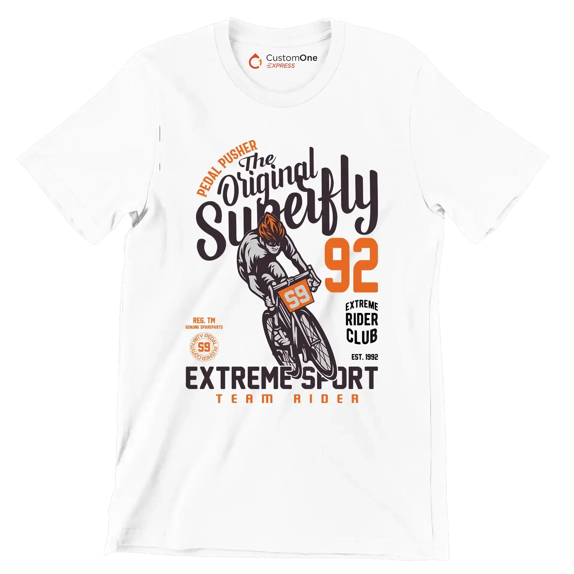 PEDAL PUSHER The Original Superfly 92 REG. TM GENUINE SPAREPARTS EXTREME RIDER CLUB EST. 1992 EXTREME SPORT TEAM RIDER - Bicycle Themed T-Shirt-White-S-Custom One Express