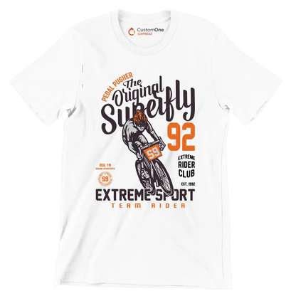 PEDAL PUSHER The Original Superfly 92 REG. TM GENUINE SPAREPARTS EXTREME RIDER CLUB EST. 1992 EXTREME SPORT TEAM RIDER - Bicycle Themed T-Shirt-White-S-Custom One Express