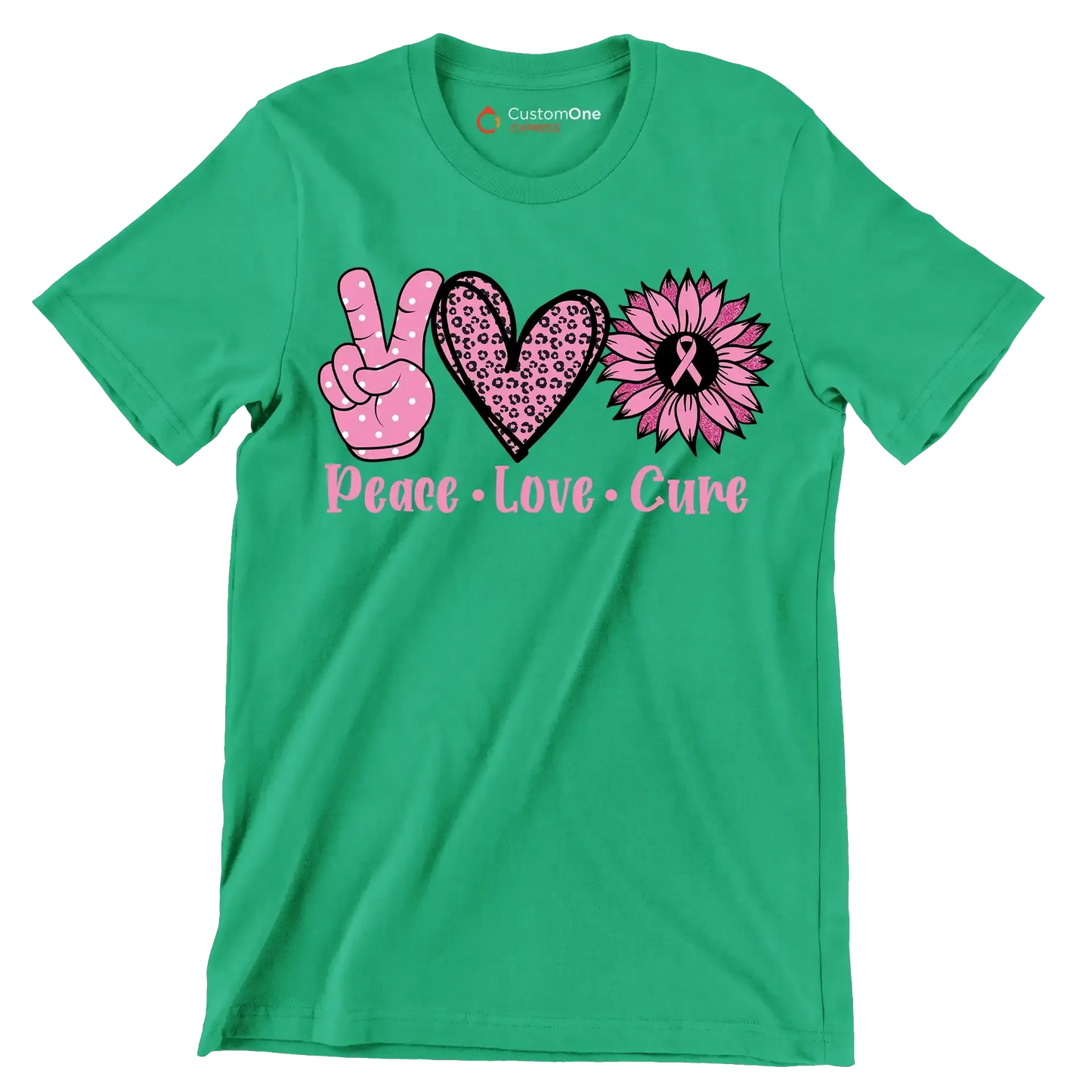 Peace Love Cure - Breast Cancer Awareness T-Shirt-Green-S-Custom One Express