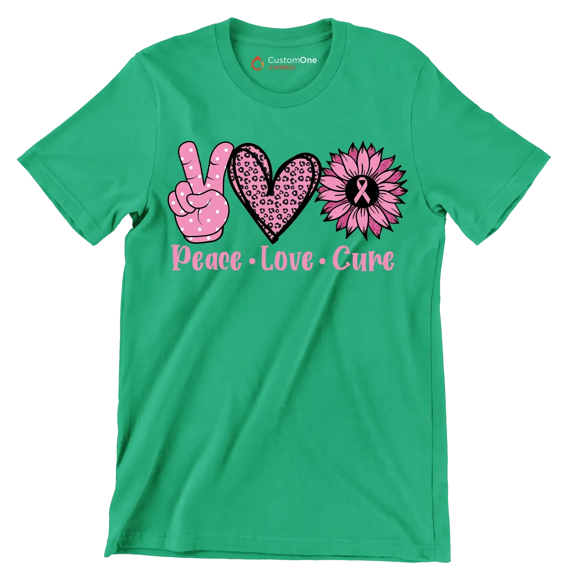 Peace Love Cure - Breast Cancer Awareness T-Shirt-Green-S-Custom One Express