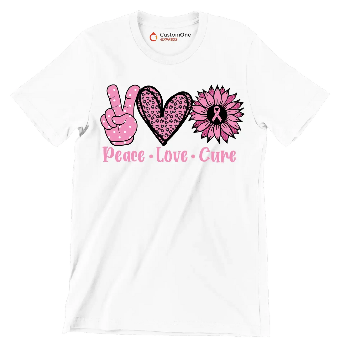 Peace Love Cure - Breast Cancer Awareness T-Shirt-White-S-Custom One Express