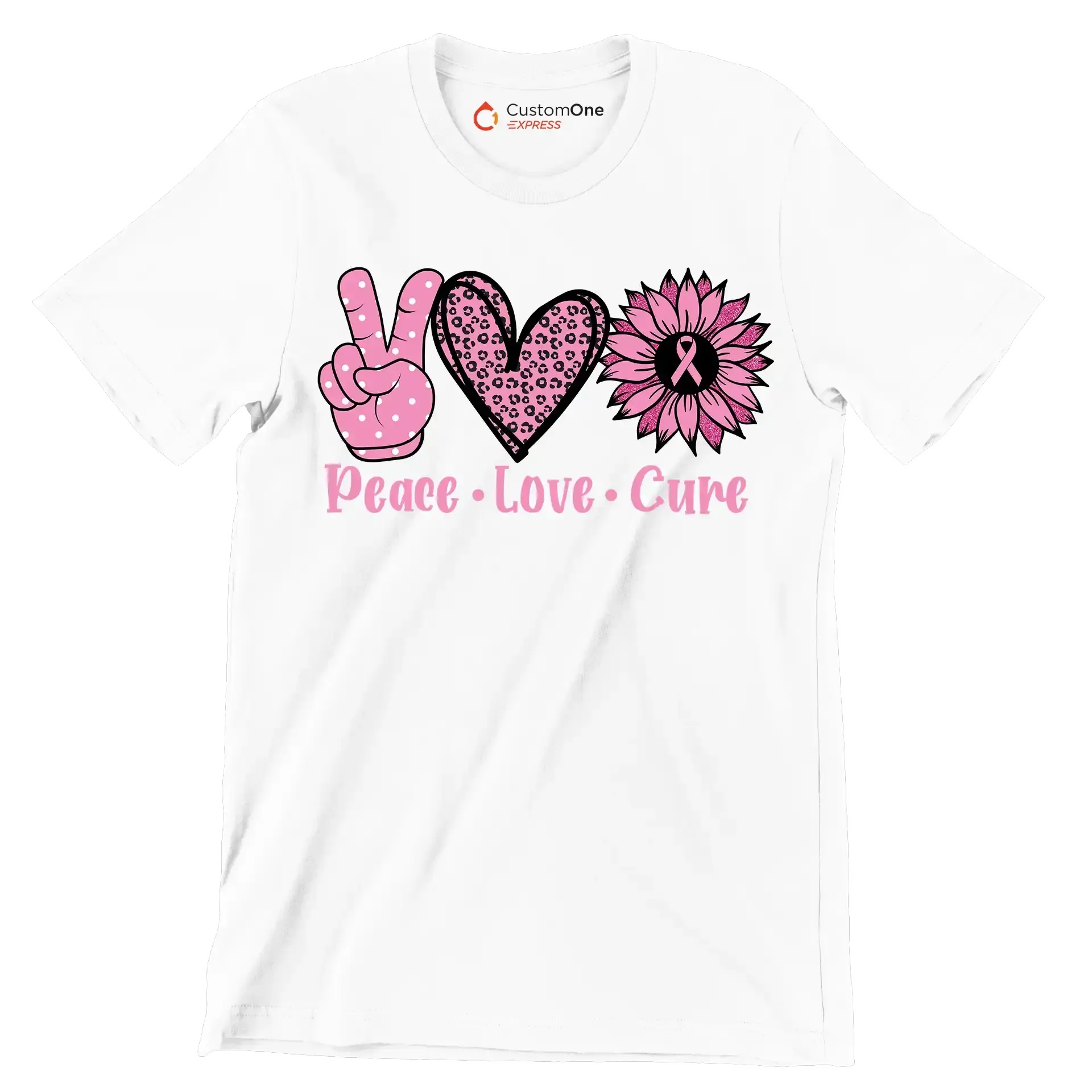 Peace Love Cure - Breast Cancer Awareness T-Shirt-White-S-Custom One Express