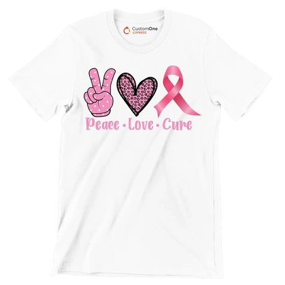Peace Love Cure - Breast Cancer Awareness T-Shirt-White-S-Custom One Express