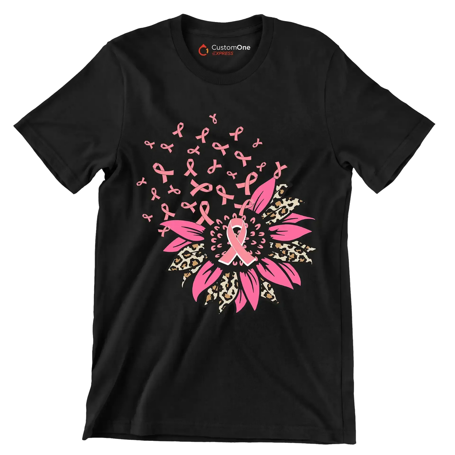 Pink Ribbon Flower - Breast Cancer Awareness T-Shirt-Black-S-Custom One Express