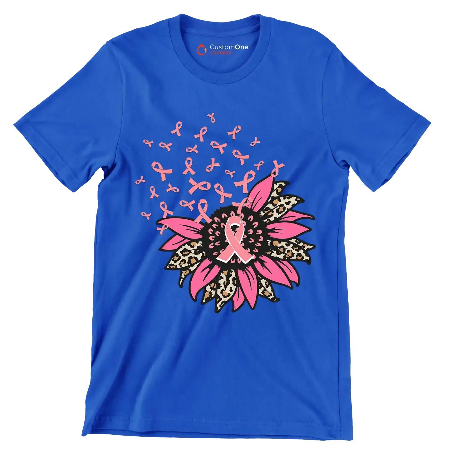 Pink Ribbon Flower - Breast Cancer Awareness T-Shirt-Blue-S-Custom One Express