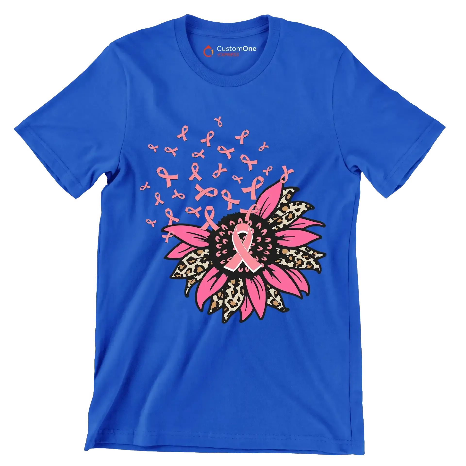 Pink Ribbon Flower - Breast Cancer Awareness T-Shirt-Blue-S-Custom One Express