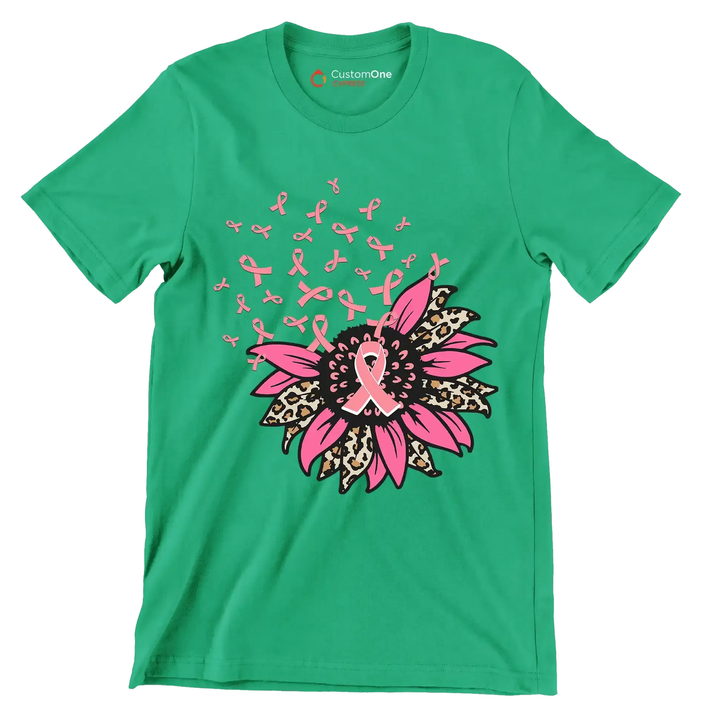 Pink Ribbon Flower - Breast Cancer Awareness T-Shirt-Green-S-Custom One Express