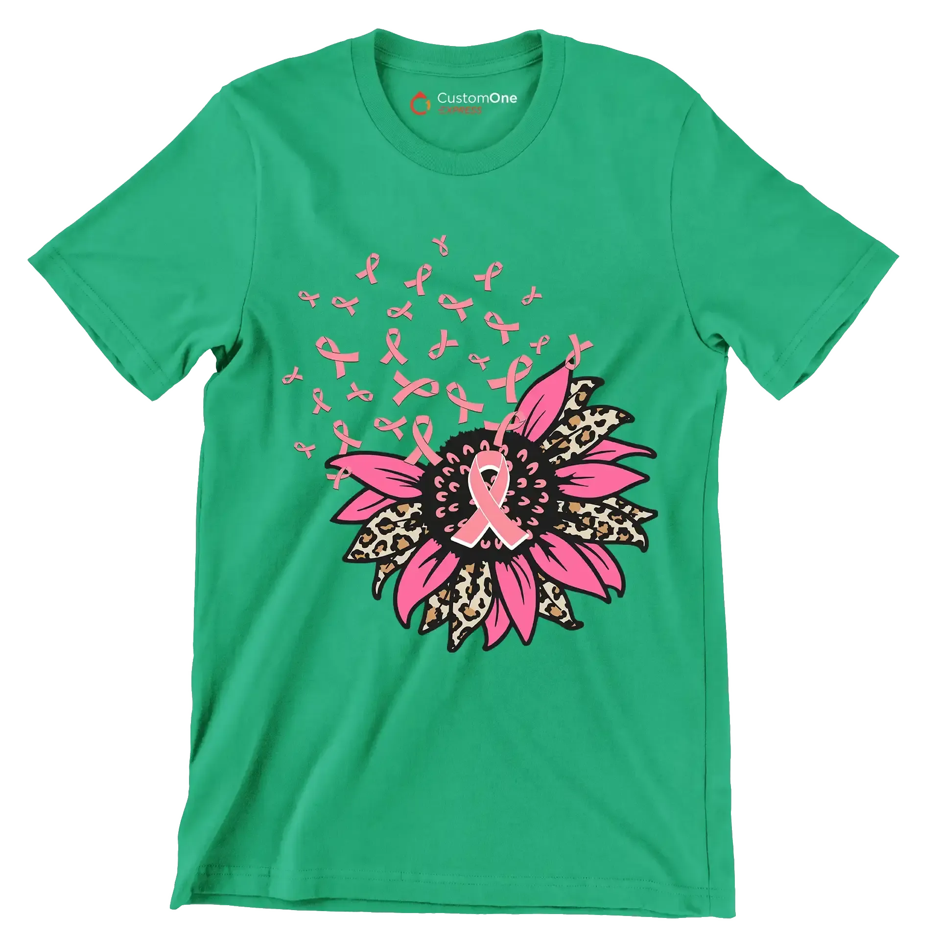Pink Ribbon Flower - Breast Cancer Awareness T-Shirt-Green-S-Custom One Express