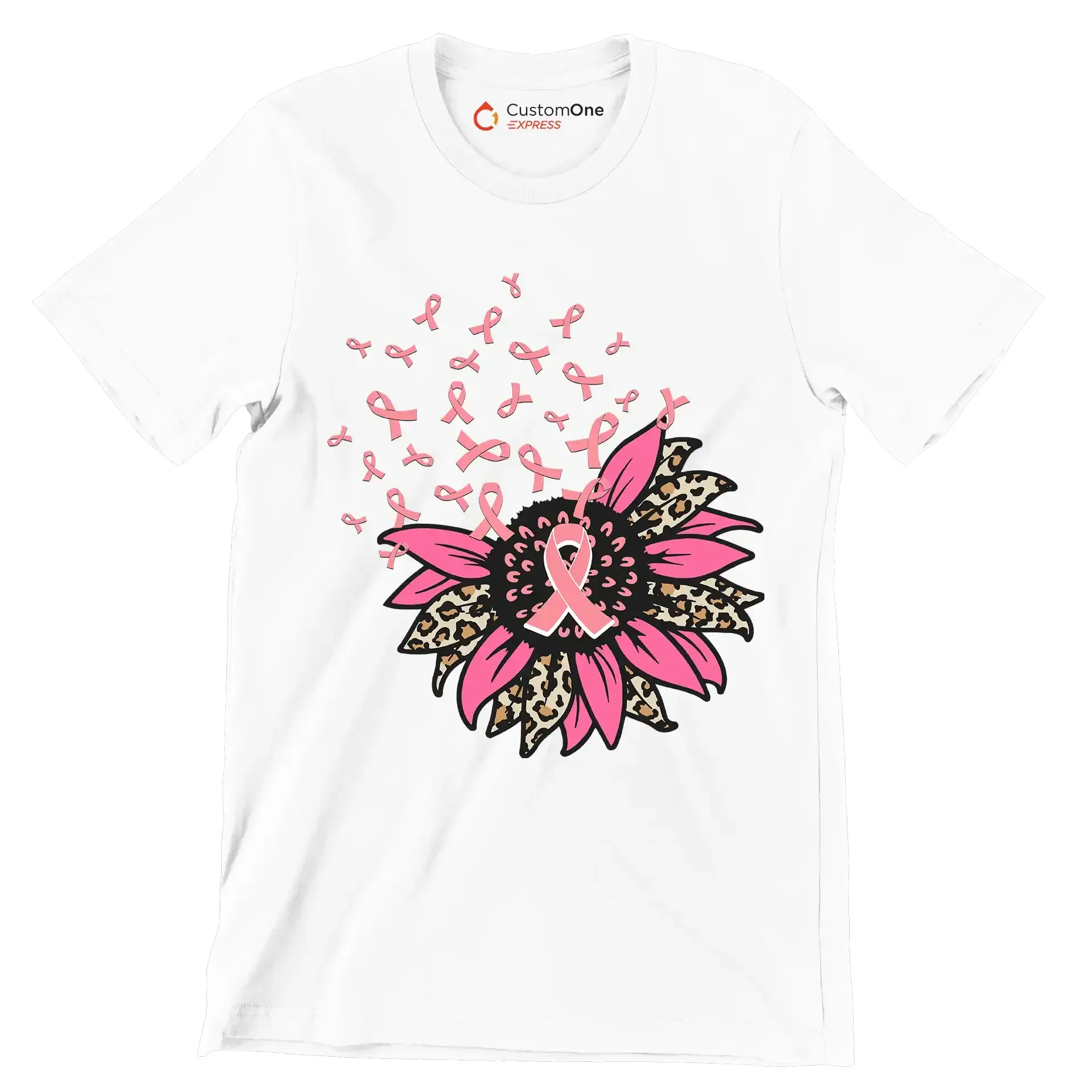 Pink Ribbon Flower - Breast Cancer Awareness T-Shirt-White-S-Custom One Express