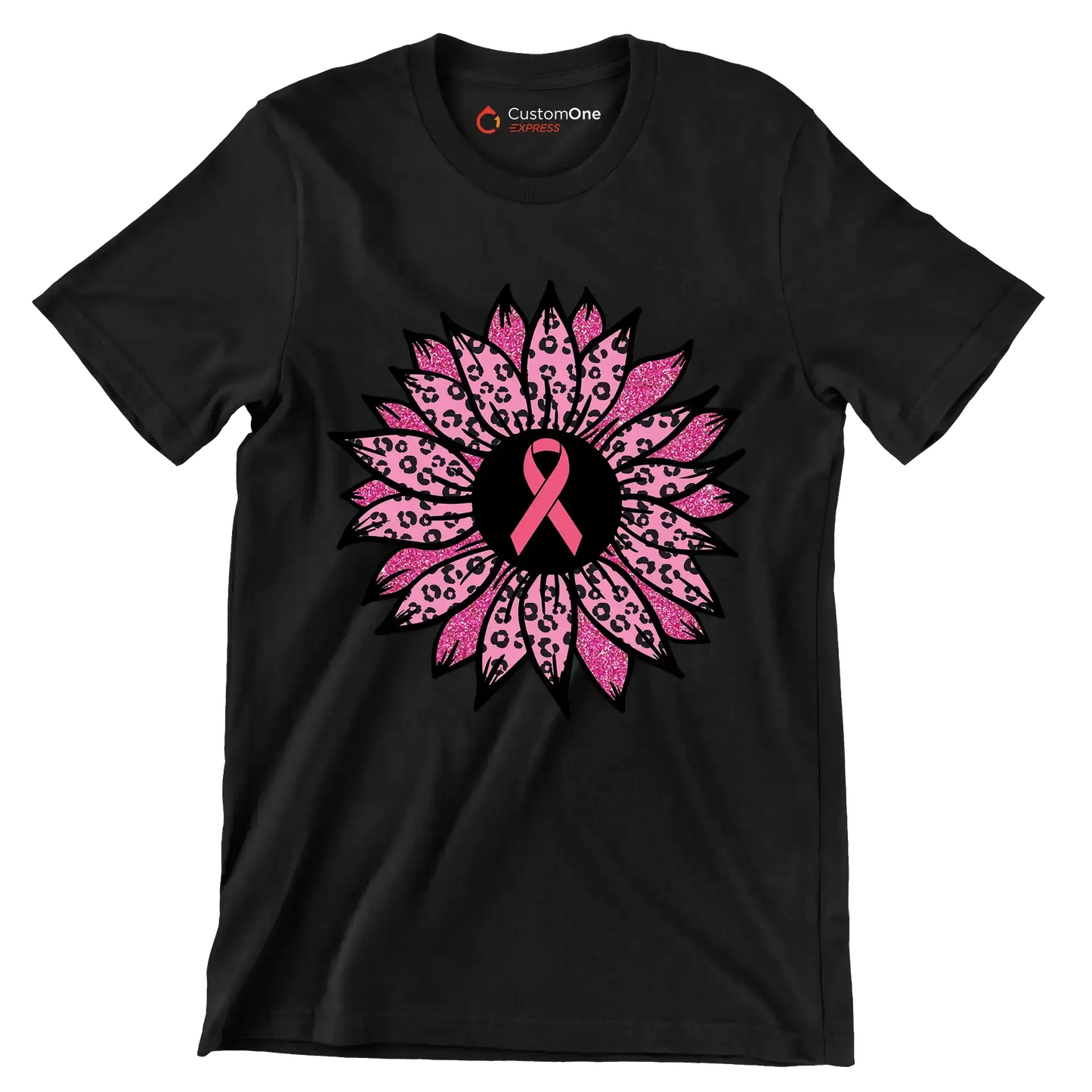 Pink flower Ribbon - Breast Cancer Awareness T-Shirt-Black-S-Custom One Express