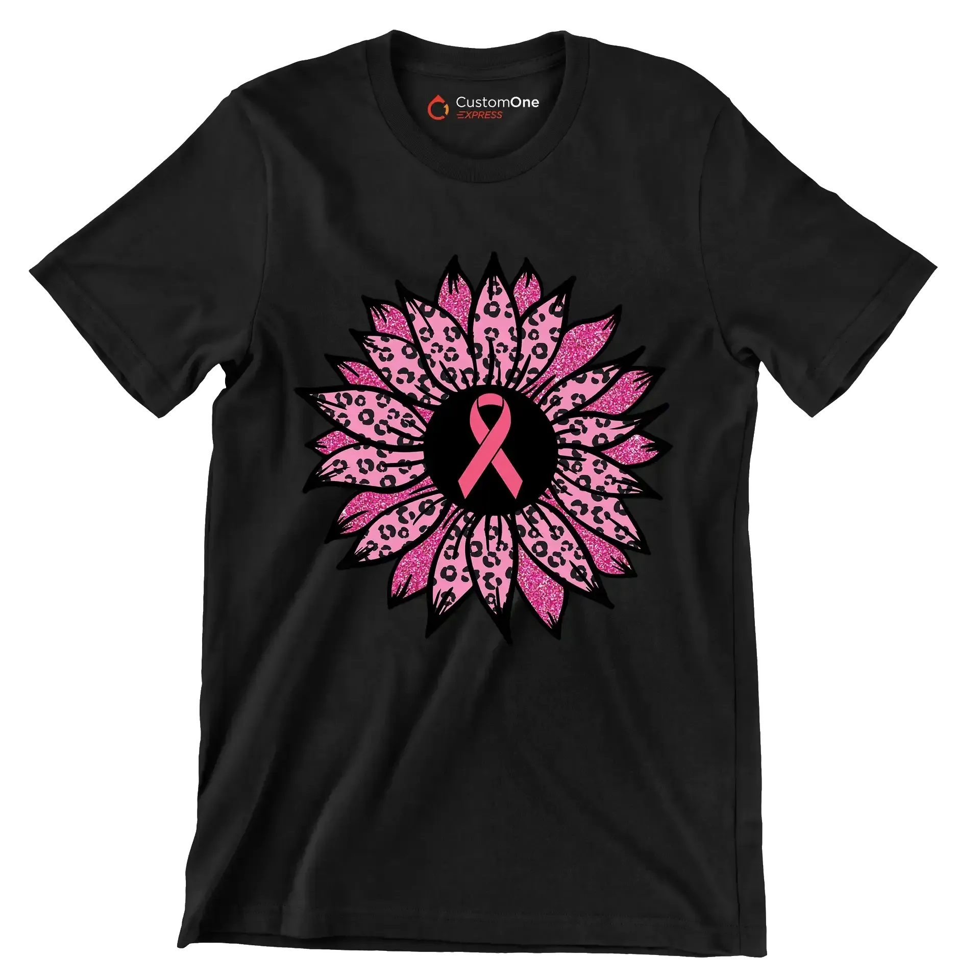 Pink flower Ribbon - Breast Cancer Awareness T-Shirt-Black-S-Custom One Express