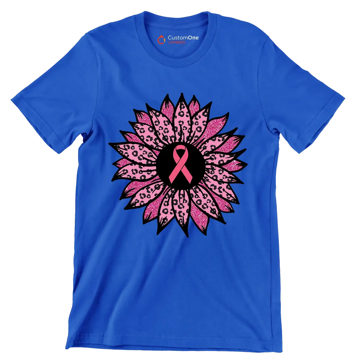 Pink flower Ribbon - Breast Cancer Awareness T-Shirt-Blue-S-Custom One Express