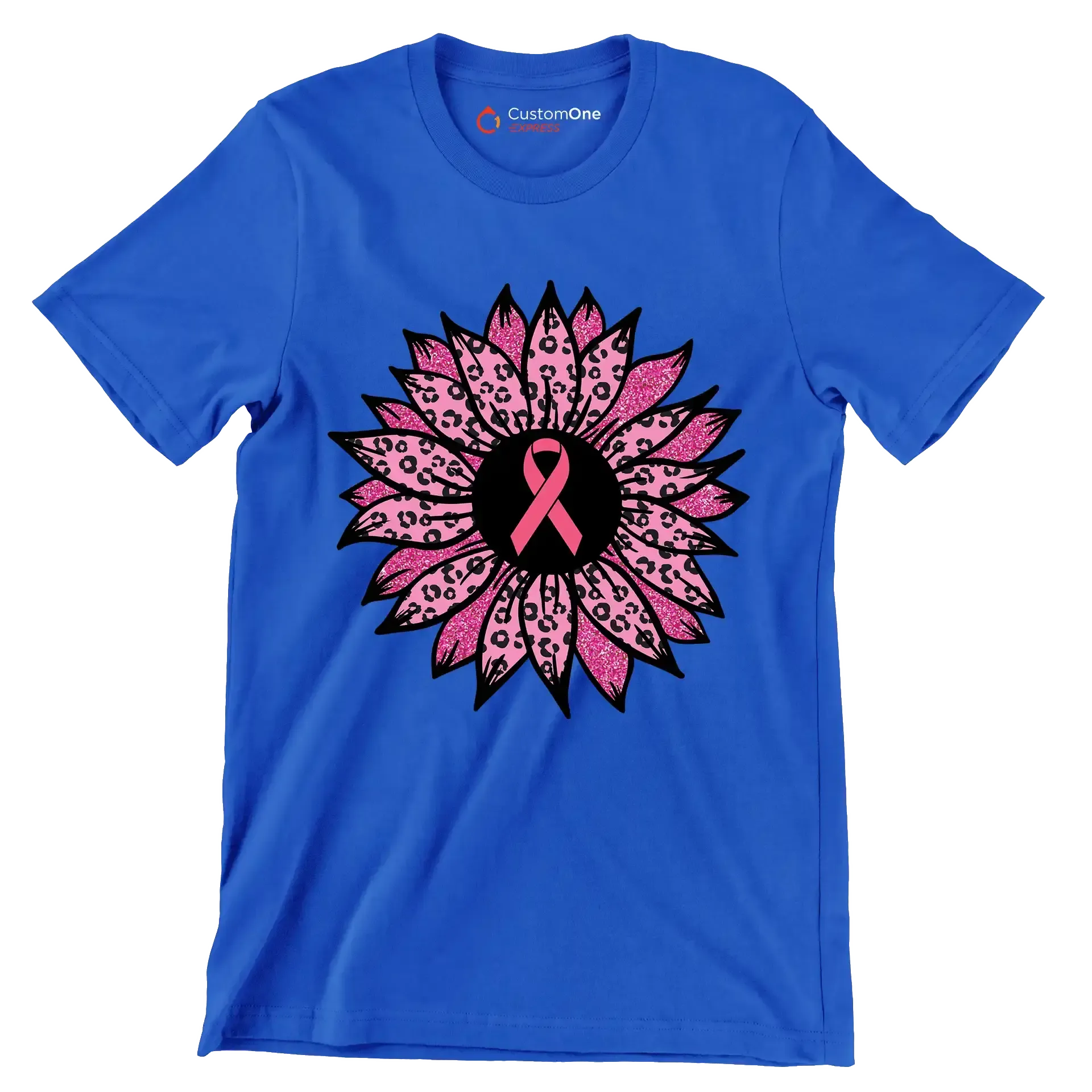 Pink flower Ribbon - Breast Cancer Awareness T-Shirt-Blue-S-Custom One Express