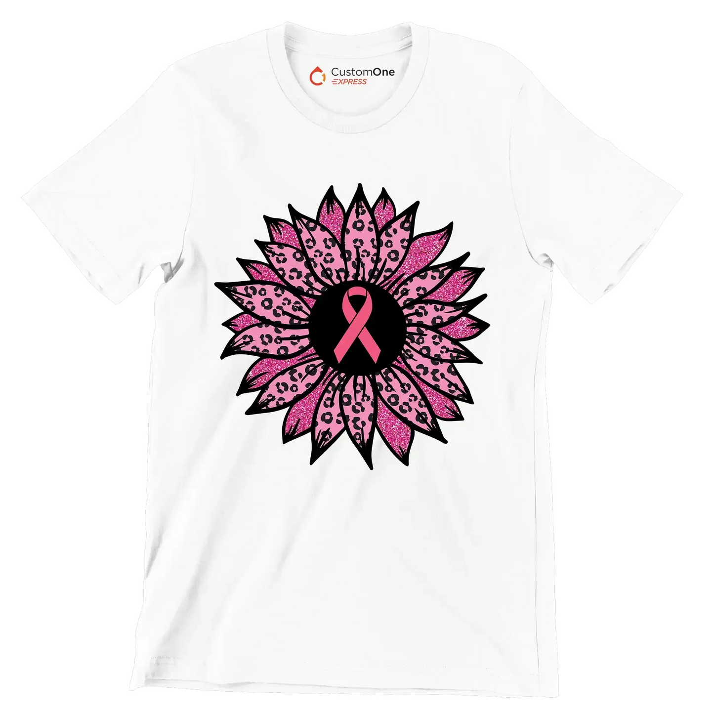 Pink flower Ribbon - Breast Cancer Awareness T-Shirt-White-S-Custom One Express