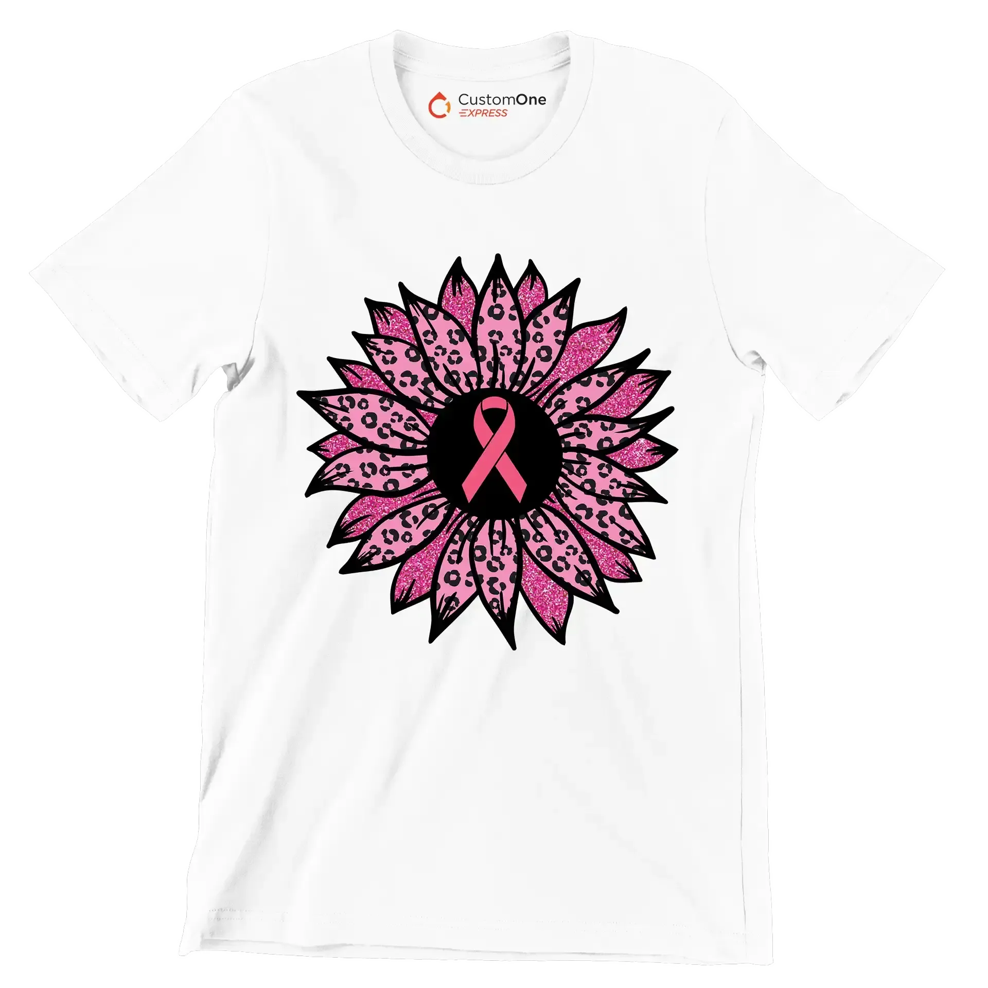 Pink flower Ribbon - Breast Cancer Awareness T-Shirt-White-S-Custom One Express